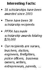 Text Box: Interesting Facts:38 scholarships have been awarded since 2003There have been 36 scholarship recipientsPFRA has made scholarship awards totaling $29,000  Our recipients are nurses, teachers, doctors, engineers, firefighters, police officers,  business owners, writers, entrepreneurs, parents,  ... 